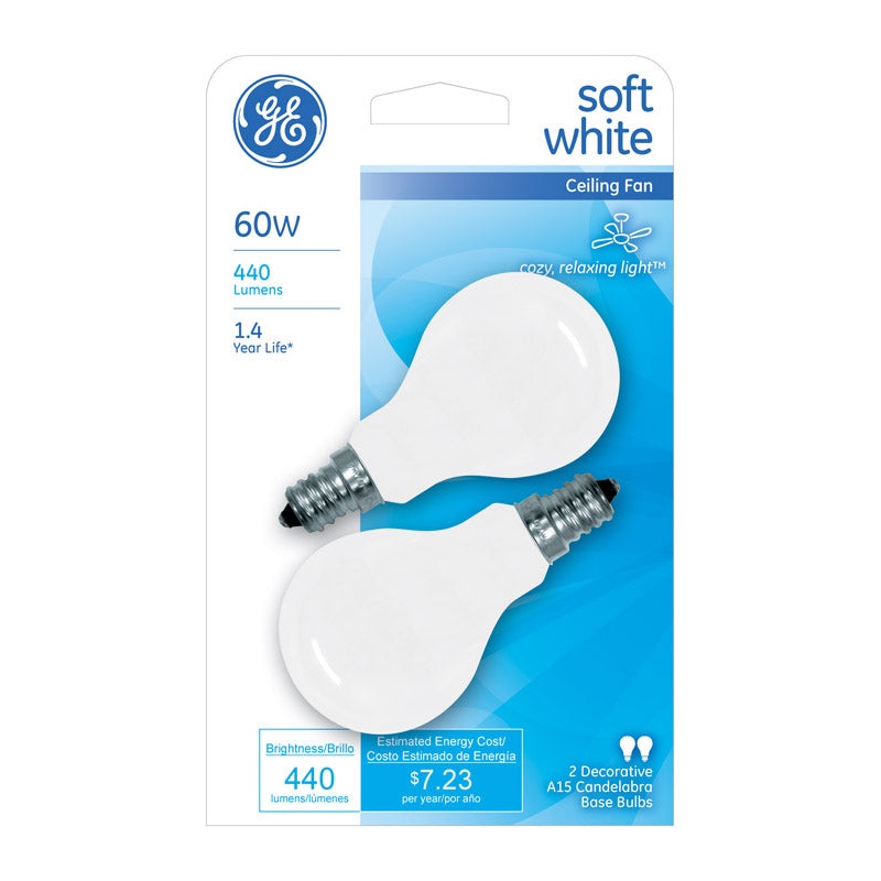 GE Incandescent Light Bulb 60 watts 440 lumens 2700 K A-Line A15 Candelabra Base (E12) 2 pk