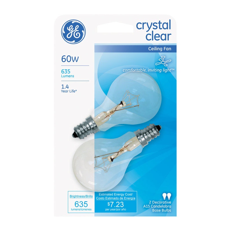 GE Incandescent Light Bulb 60 watts 635 lumens 2700 K A-Line A15 Candelabra Base (E12) 2 pk
