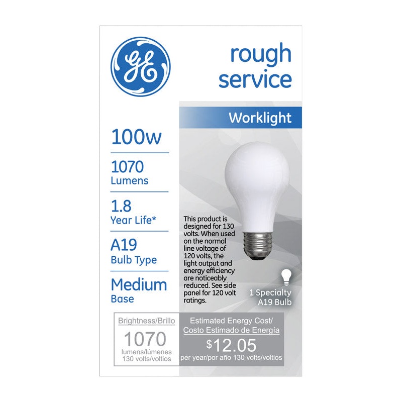 GE rough service Incandescent Light Bulb 100 watts 1070 lumens 2800 K Specialty A19 Medium Base