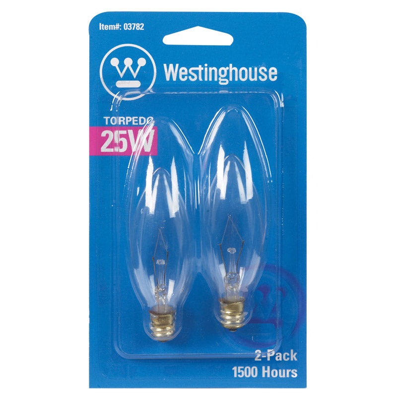 Westinghouse Satco Incandescent Light Bulb 25 watts 365 lumens 2700 K Torpedo B9.5 Candelabra B