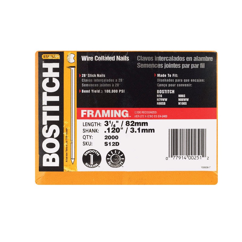 Stanley Bostitch 3-1/4 in. x .120 in. L Bright Stick Framing Nails 2,000 pc.