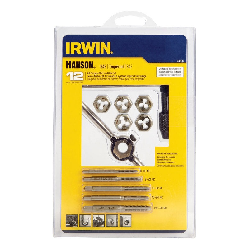 Irwin Hanson High Carbon Steel 6-32NC, 8-32NC, 10-24NC, 10-32NF, 1/4-20NC in. SAE Tap & Die Set