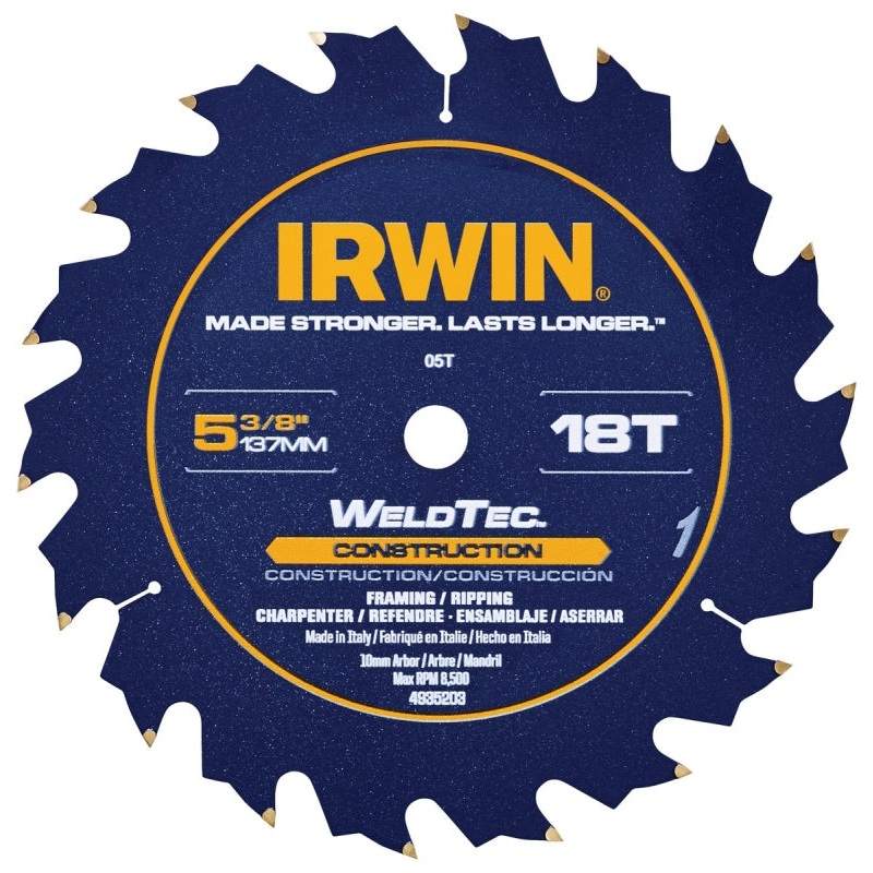 Irwin Marathon 4935203 Circular Saw Blade, 5-3/8 in Dia, 0.39 in Arbor, 18-Teeth, Carbide Cutting Edge