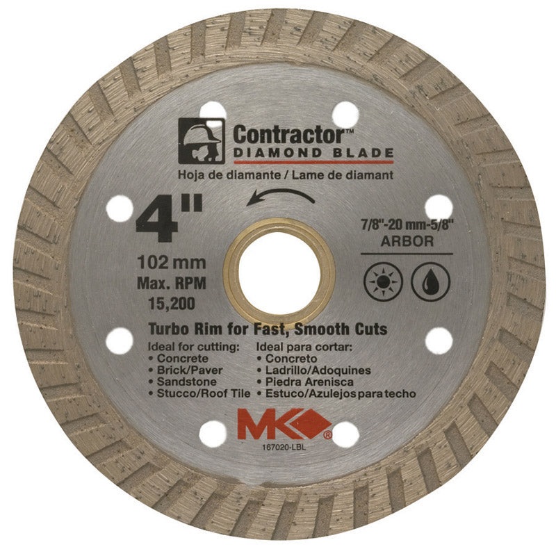 M.K. Diamond 4 in. Dia. Diamond Wet/Dry Continuous Turbo Rim Saw Blade For Cutting Concrete and M