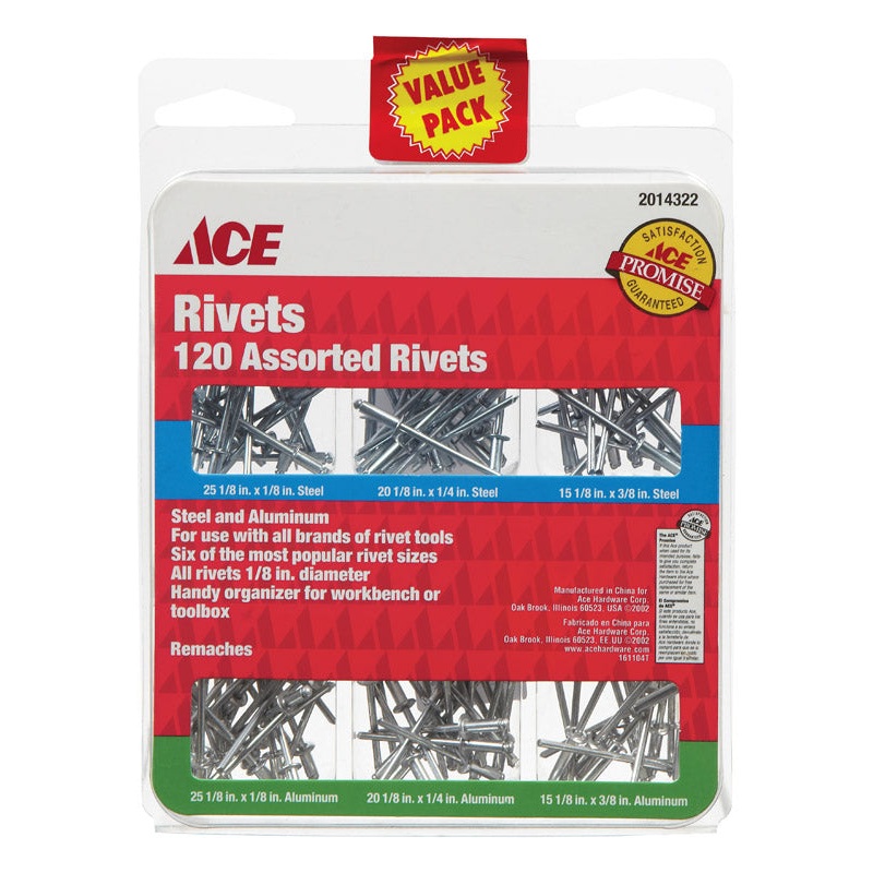 Ace 1/8 in. Dia. x 1/8 in. Aluminum, Steel Assorted Rivets 120 pk
