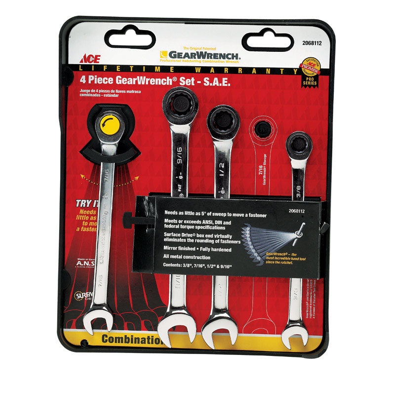 Ace 4 pc. Metal SAE Ratcheting Gearwrench Set