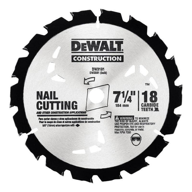 DeWalt 7-1/4 in. Dia. 18 teeth Carbide Tip Circular Saw Blade For Nail Cutting