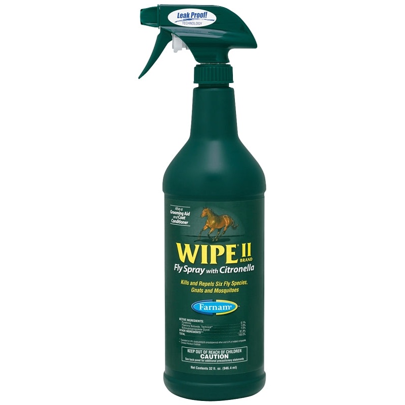 Farnam Wipe II 10140 Fly Spray, Liquid, Pale Yellow, Citronella, 32 oz Bottle