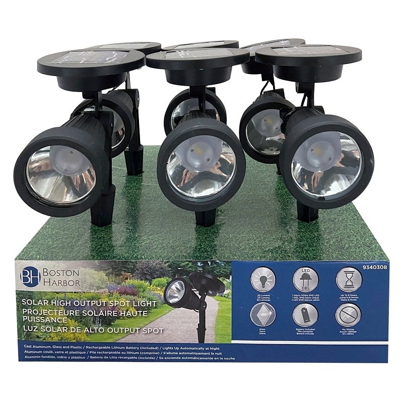 Boston Harbor 25658 Solar Spotlight, Li-Ion Battery, AA Battery, 1-Lamp, Metal and Glass Fixture, Black, Pack of 6