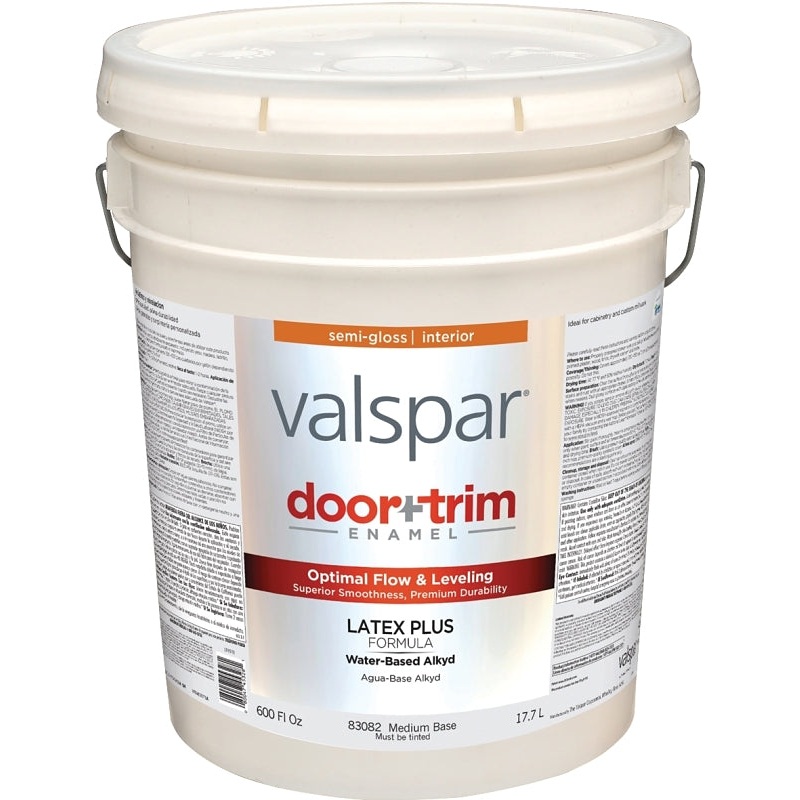 Valspar 045.0083082.008 Cabinet/Door and Trim Paint, Water Base, Semi-Gloss Sheen, Medium, 5 gal, Pail