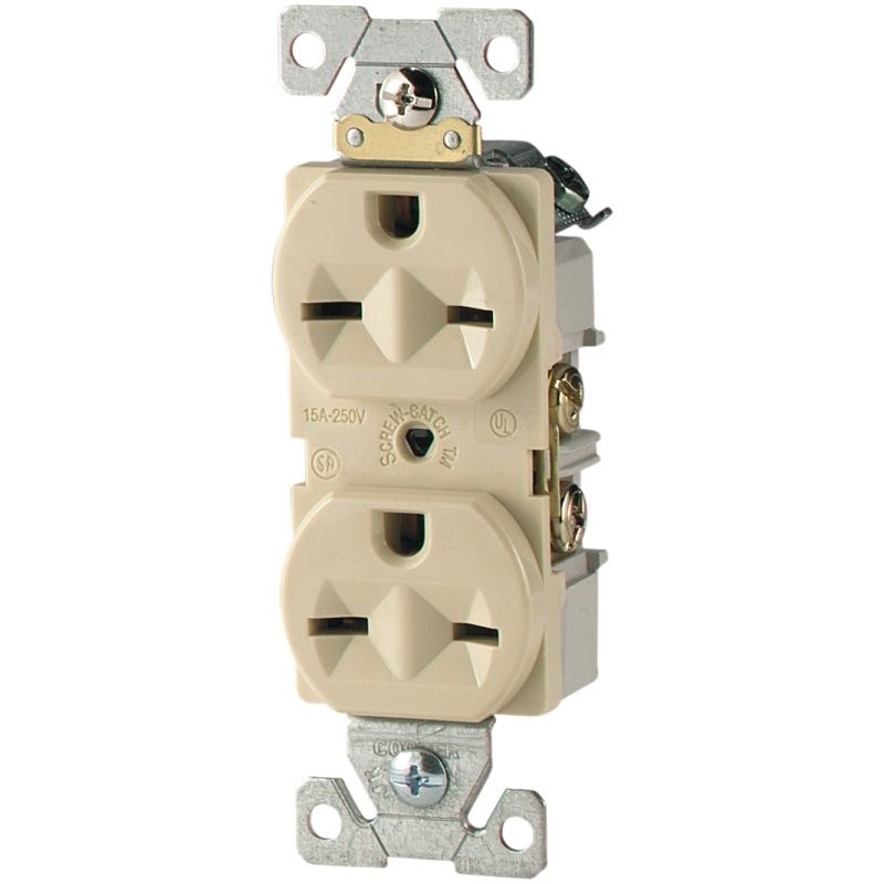 Arrow Hart 826 826V-BOX Duplex Receptacle, 2 -Pole, 15 A, 250 V, Side Wiring, NEMA: 6-15R, Gray