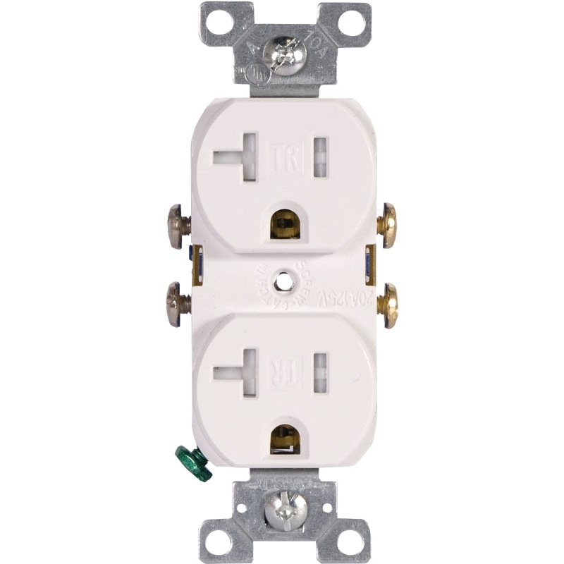Arrow Hart TR370 TR370W-BOX Duplex Receptacle, 2 -Pole, 20 A, 125 V, Back, Side Wiring, NEMA: 5-15R, White