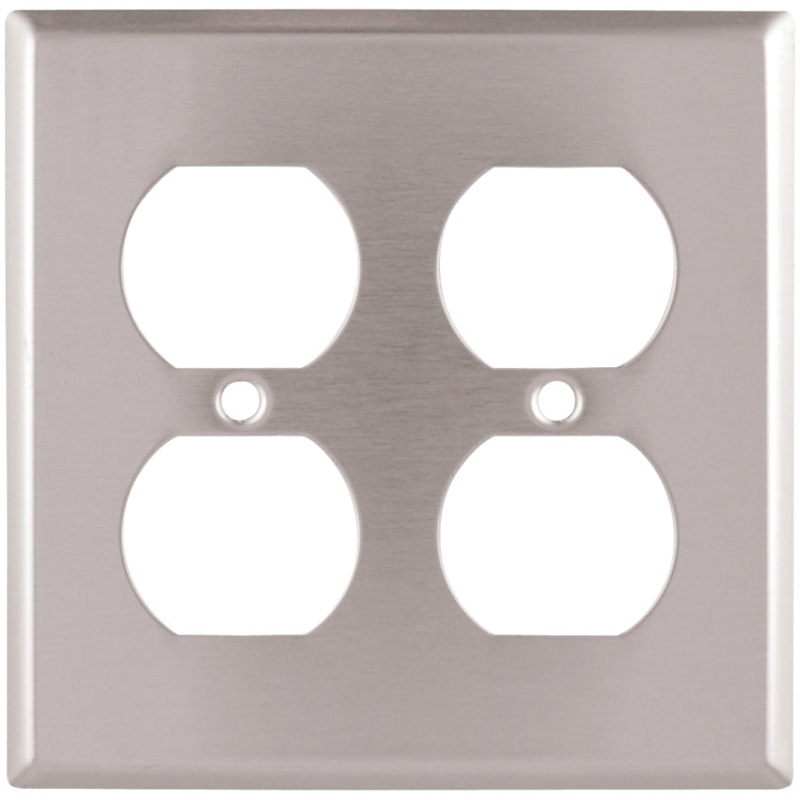 Eaton 93102-SP-L Receptacle Wallplate, 4.51 in L, 4.45 in W, 2-Gang, Stainless Steel, Brushed Satin, Screw