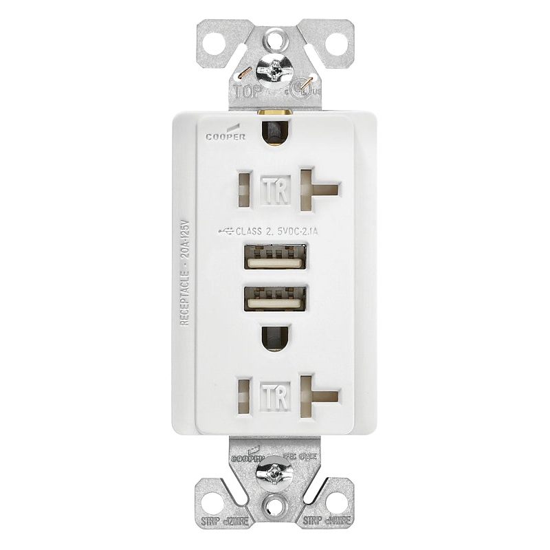 Eaton TR7756W-BOX Duplex Receptacle with USB, 2-Pole, 3, 20 A, 125 VAC, 5 VDC, NEMA: 5-20R, White