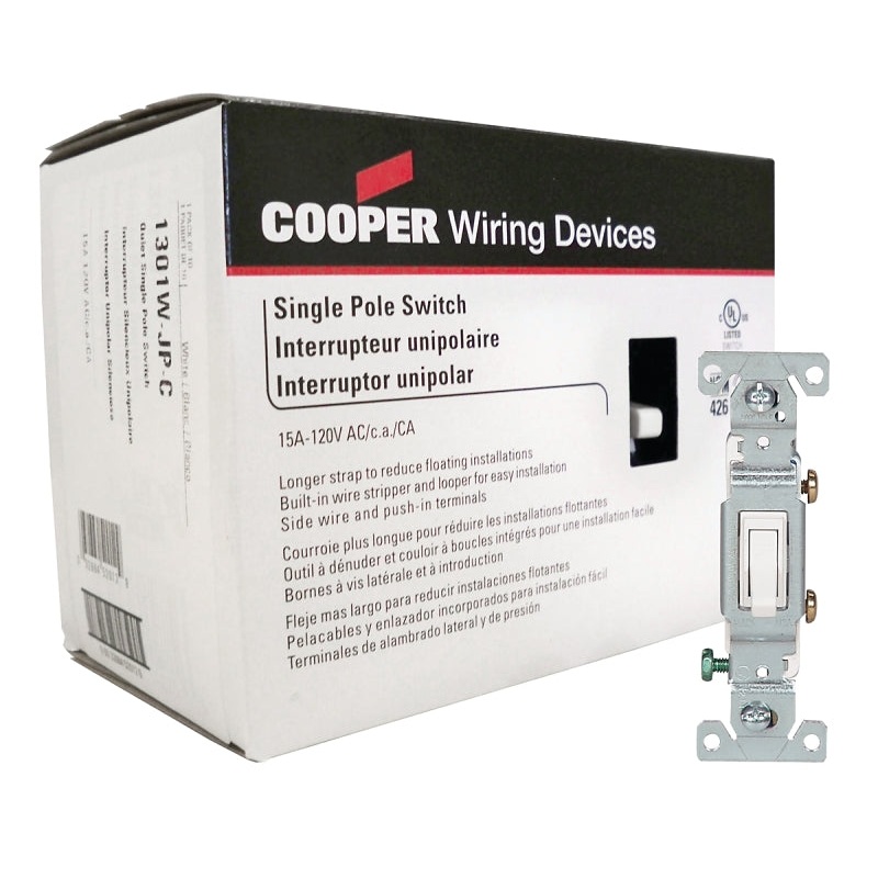 Eaton Wiring Devices 1301W-JP-C Toggle Switch, 15 A, 120 V, Polycarbonate Housing Material, White, Wall Mount