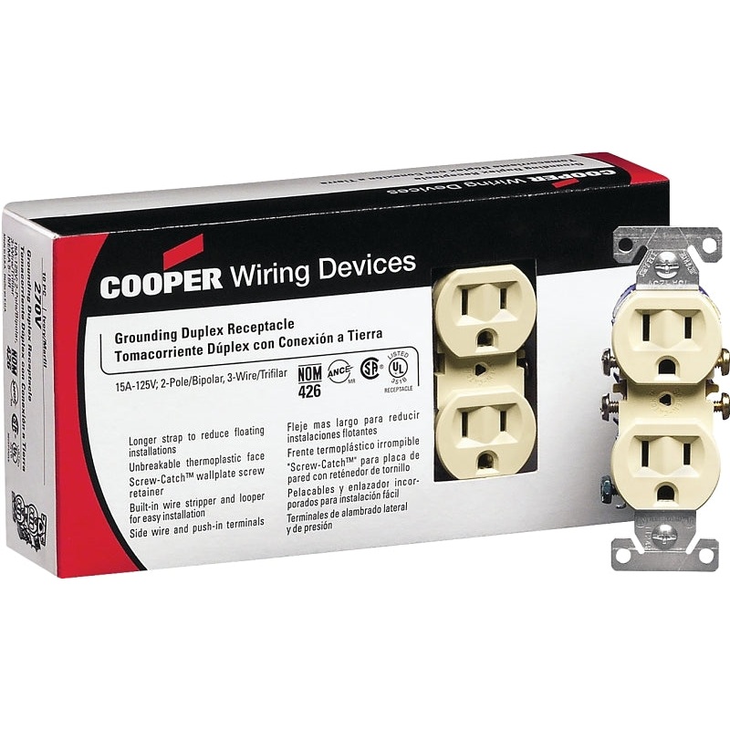 Eaton Wiring Devices 270V-JP-C Duplex Receptacle, Nylon, Ivory, 2-Pole, 15 A, 125 V, NEMA: 5-15R, 60 Hz