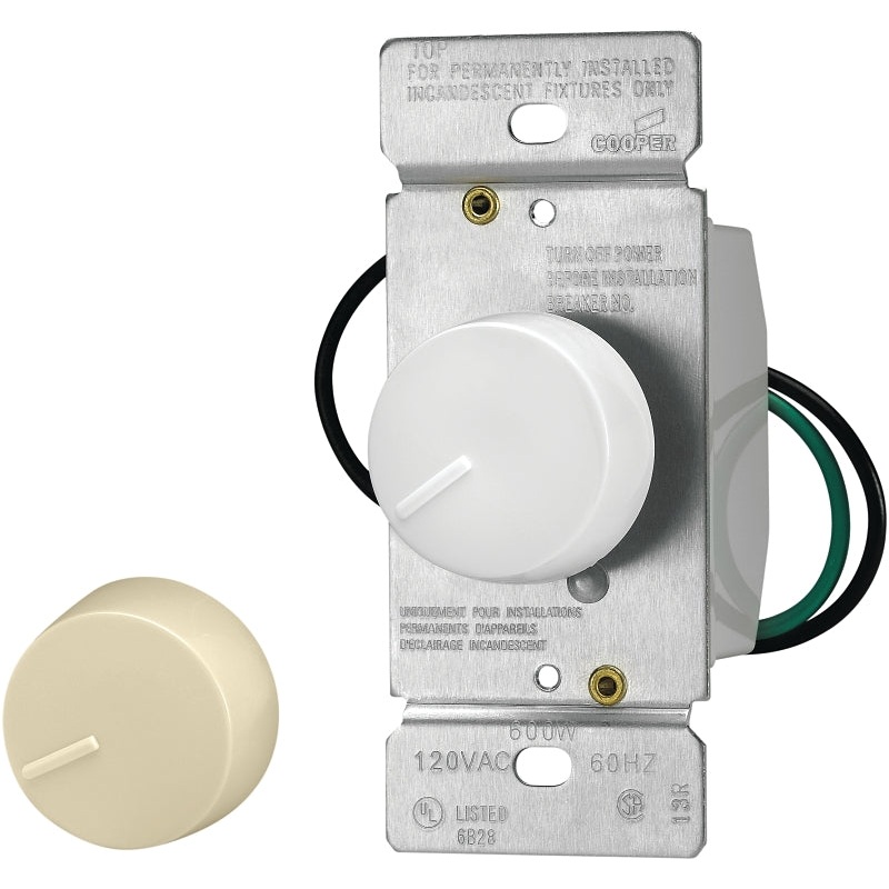 Eaton Wiring Devices RI061-VW-K2-L Rotary Dimmer, 120 V, Incandescent Lamp, 3-Way, Ivory/White