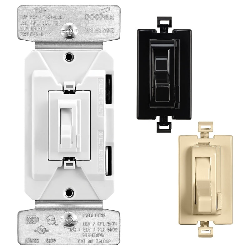 Eaton Wiring Devices TAL06P1-C4-K-L Toggle Dimmer, 120 V, CFL, Halogen, LED Lamp, 3-Way, Black/Ivory/White