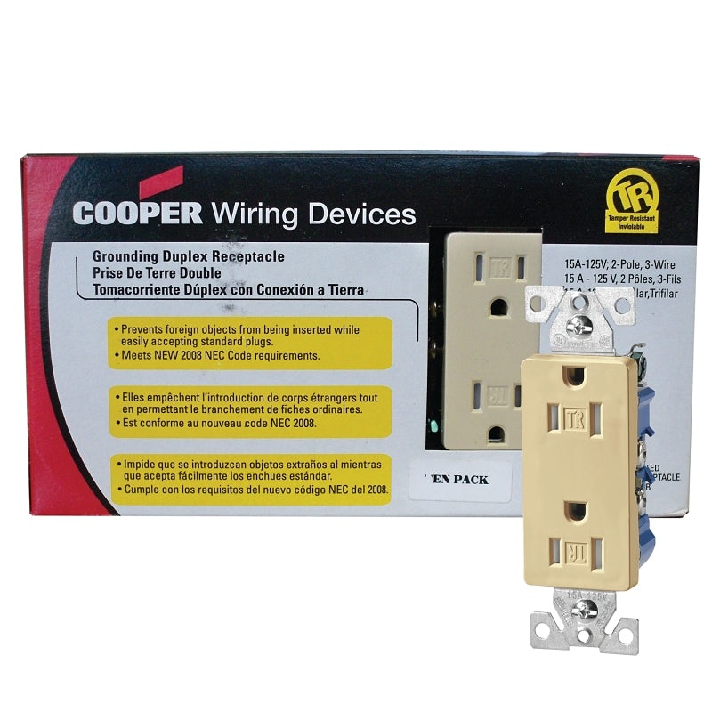 Eaton Wiring Devices TR1107V10 Duplex Receptacle, Nylon, Ivory, 2-Pole, 15 A, 125 V, Push-in, Side Wiring, 60 Hz