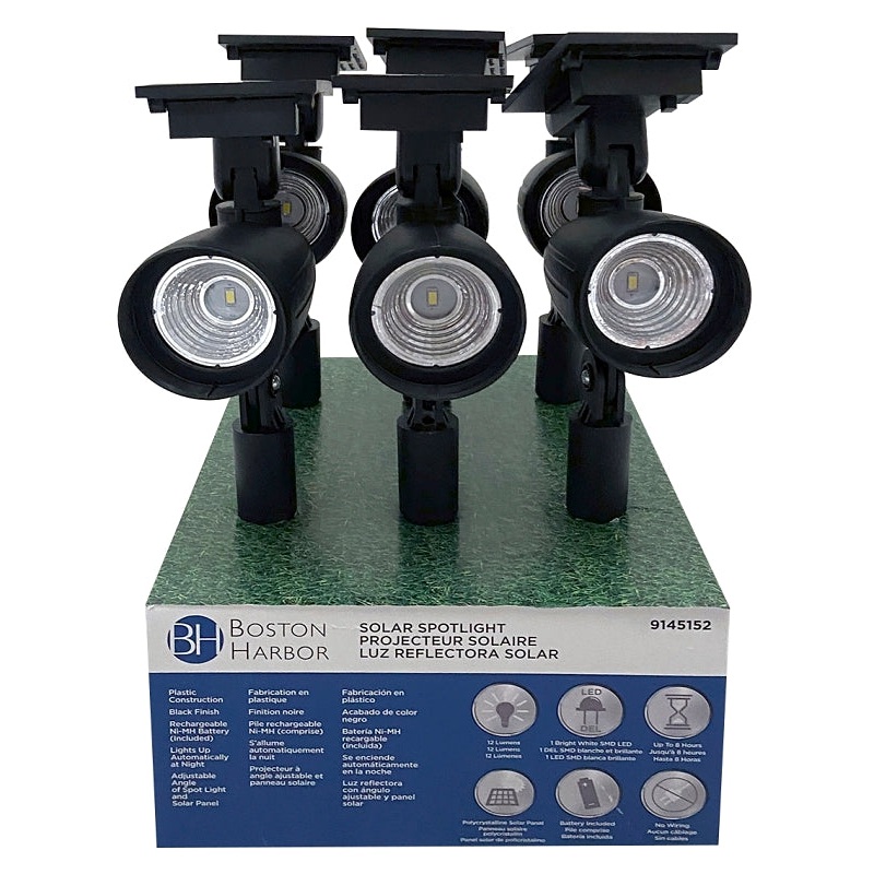 Boston Harbor 26078 Solar Spotlight, NI-Mh Battery, AA Battery, 1-Lamp, Plastic Fixture, Black, Battery Included: Yes, Pack of 6