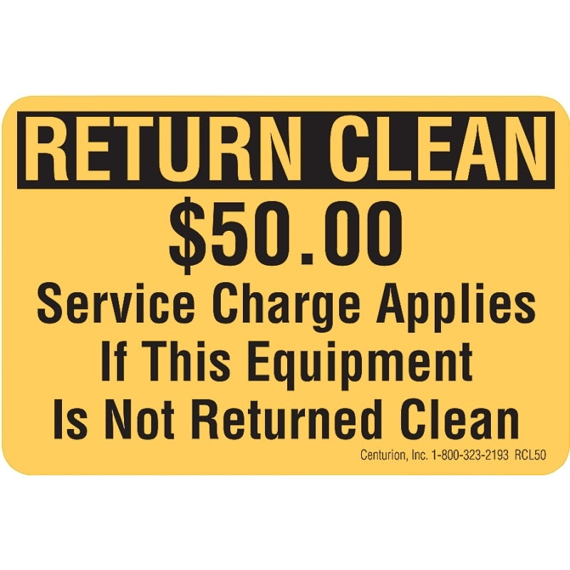 Centurion RCL50 Rental Equipment Decal, RETURN CLEAN, Vinyl