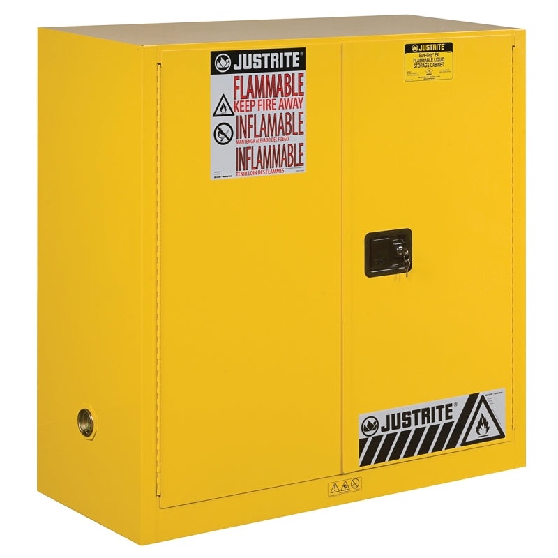 Justrite 893000 Safety Cabinet, Manual Door, 30 gal, 43 in OAW, 44 in OAH, 18 in OAD, 1-Shelf, Steel, Yellow