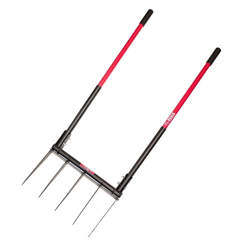 BULLY Tools 92627 Broadfork, 20 in W Tine, 11 in L Tines, Fixed Tine, 5-Tine, Steel Tine, Steel