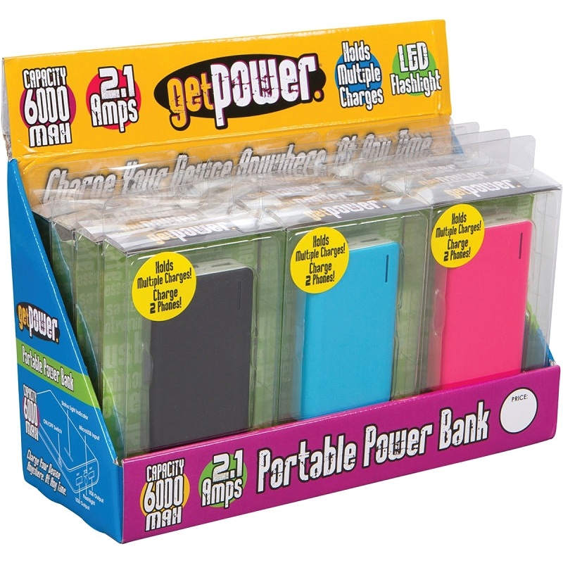 GetPower GP-DIS-PWRPCKV2 Power Bank, 2.1 A Charge, Black/Blue/Pink