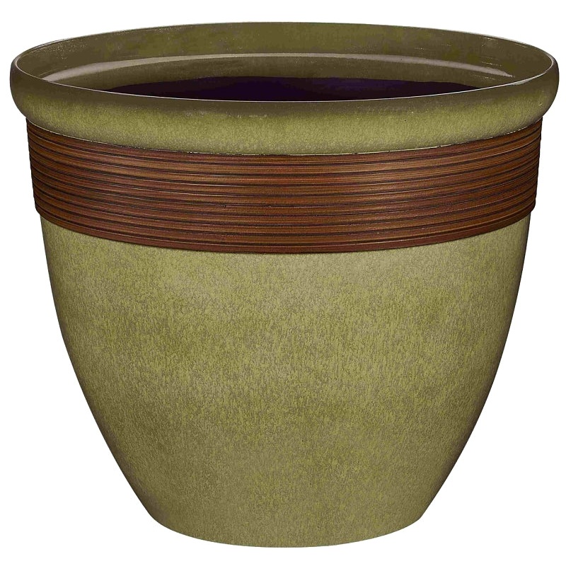 Landscapers Select PT-S015 Wave Planter, 15 in Dia, 12-1/2 in H, Round, Resin, Olive Green/Wood, Pack of 6