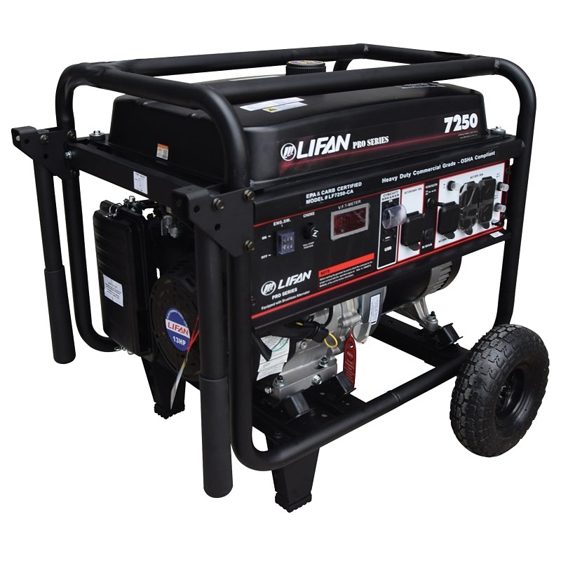 Lifan LF7250 Generator, 50 A, 120/240 V, 7250 W Output, Gasoline, 7.5 gal Tank, 12 hr Run Time, Recoil Start