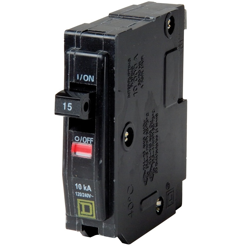 Square D QO QO115CP Circuit Breaker, Mini, 15 A, 1 -Pole, 120/240 VAC, 48 VDC, Fixed Trip, Flush Mounting