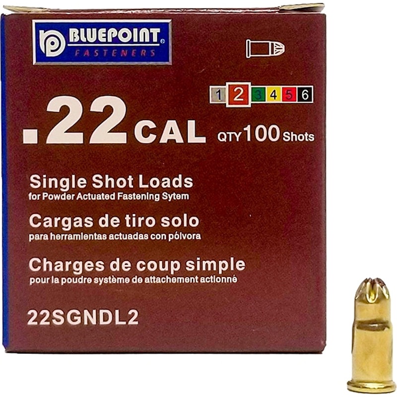 Blue Point Fasteners 22SGNDL2 Low Velocity Single Shot Load, 0.22 Caliber, Power Level: #2, Brown Code, 1-Load, Pack of 100