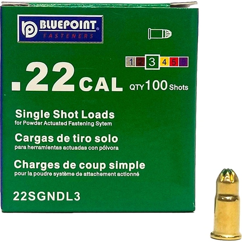 Blue Point Fasteners 22SGNDL3 Low Velocity Single Shot Load, 0.22 Caliber, Power Level: #3, Green Code, 1-Load, Pack of 100