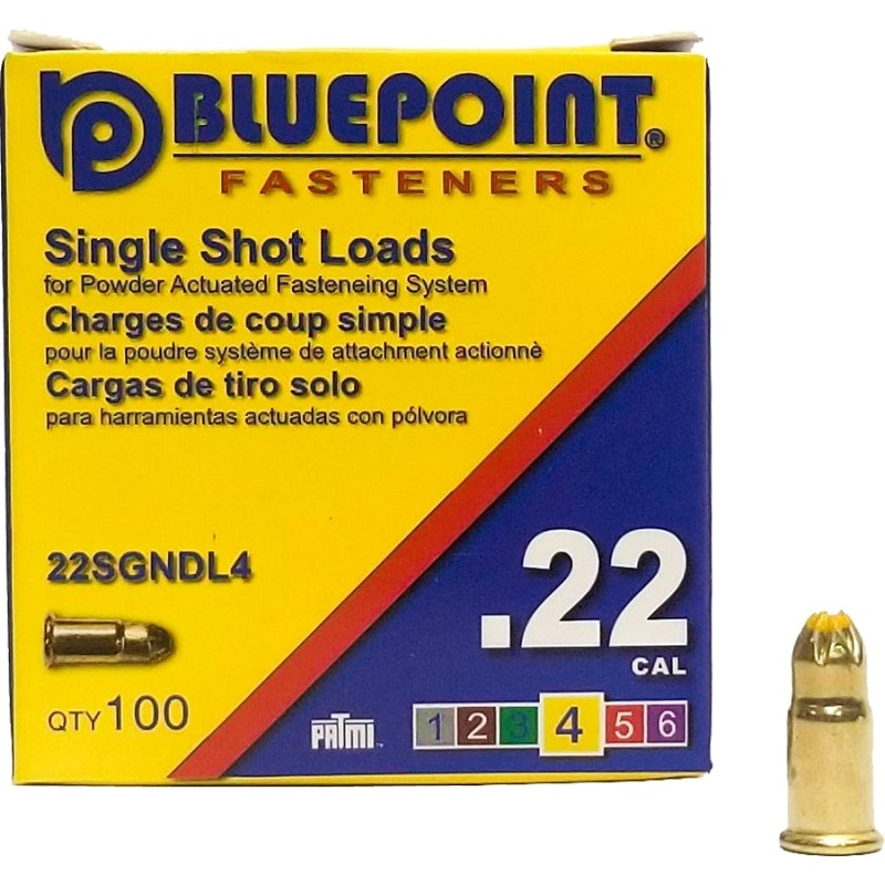 Blue Point Fasteners 22SGNDL4 Low Velocity Single Shot Load, 0.22 Caliber, Power Level: #4, Yellow Code, 1-Load, Pack of 100