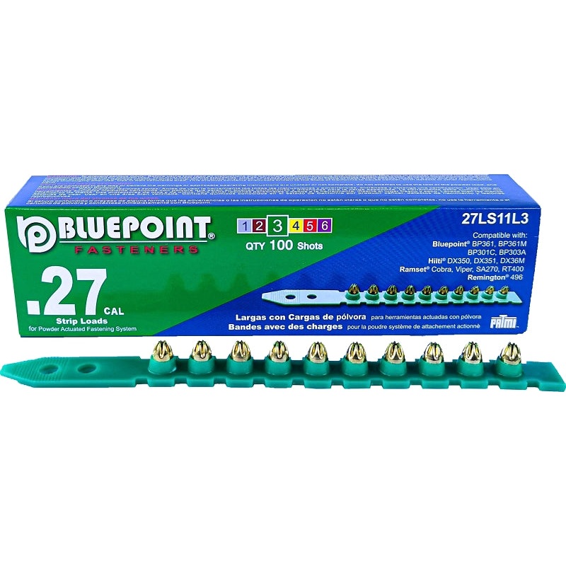 Blue Point Fasteners 27LS11L3 Low Velocity Load, 0.27 Caliber, Power Level: #3, Green Code, 6.8 mm Dia, 11 mm L, Pack of 100