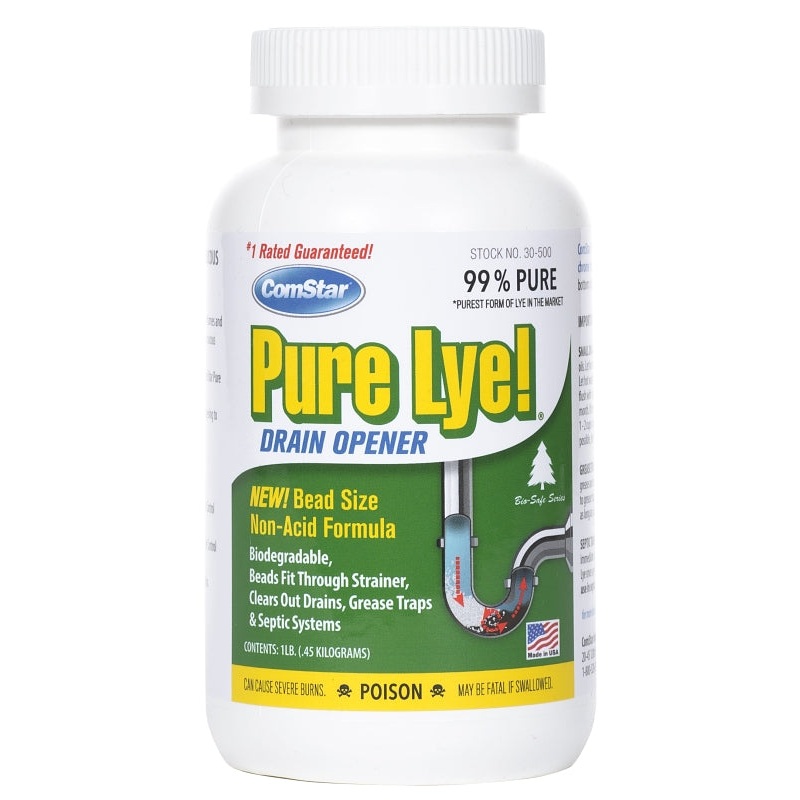 ComStar Pure Lye 30-500 Drain Opener, Beads, Flakes, Clear/White, Sharp, 1 lb Bottle