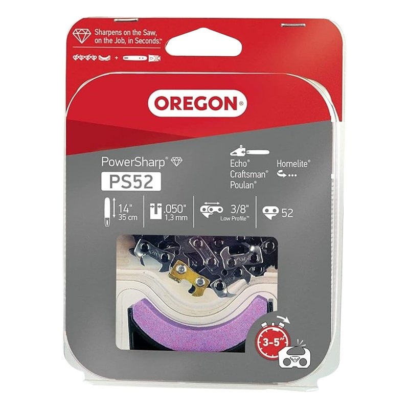Oregon PowerSharp PS52 Chainsaw Chain, 14 in L Bar, 0.05 Gauge, 3/8 in TPI/Pitch, 52-Link