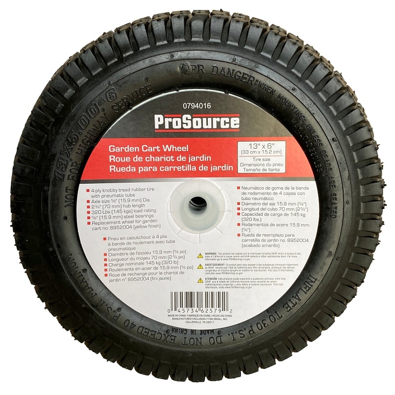 ProSource Garden Cart Wheel with Tube, 320 lb Max Load, 13 in Dia Tire