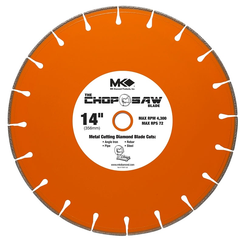 MK 170897 Chop Saw Blade, 14 in Dia, 1 in Arbor, Applicable Materials: Angle Iron, Pipe, Rebar, Steel