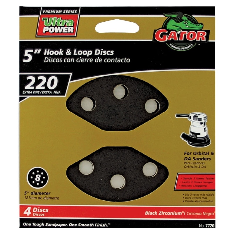 Gator 7720 Sanding Disc, 5 in Dia, 220 Grit, Extra Fine, Zirconium Oxide Abrasive, Vented