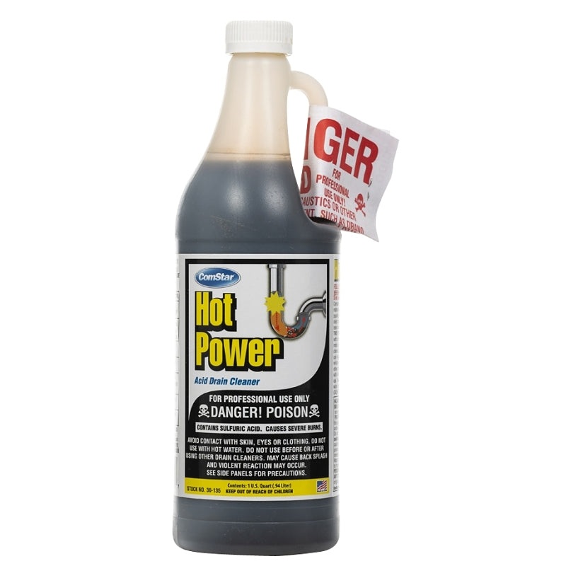 ComStar Hot Power 30-135 Drain Cleaner, Liquid, Amber, Sharp, 1 qt Bottle, Pack of 12