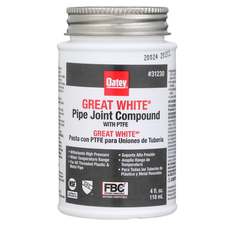 Oatey Great White 31230 Pipe Joint Compound, 4 oz Can, Liquid, Paste, White