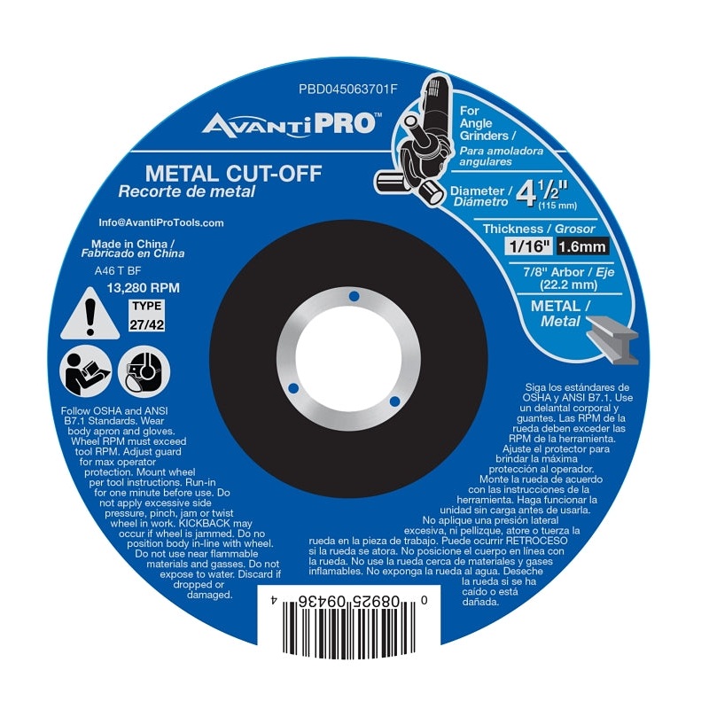 Avanti Pro PBD045063701F Cut-Off Disc, 4-1/2 in Dia, 1/16 in Thick, 7/8 in Arbor, 36 Grit, Coarse