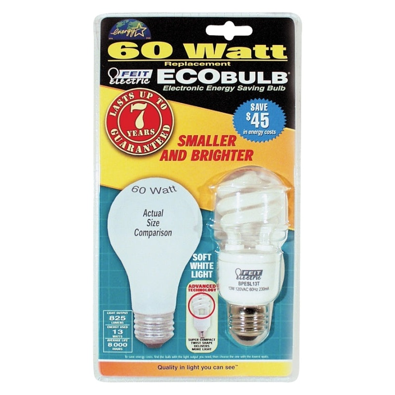 Feit Electric BPESL13T Compact Fluorescent Lamp, 13 W, Spiral Lamp, Medium E26 Lamp Base, 800 Lumens, 2700 K Color Temp
