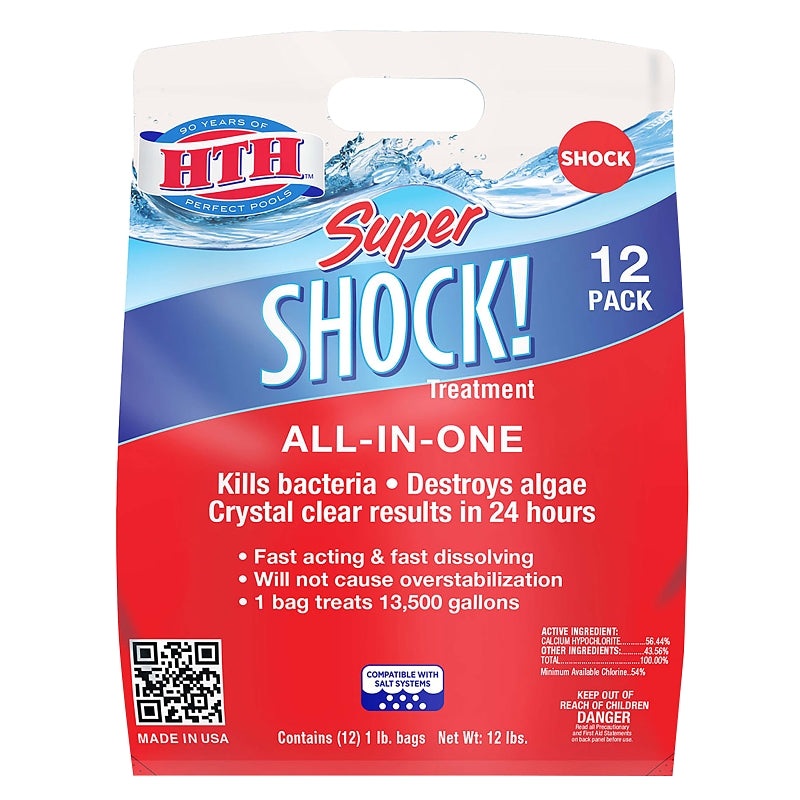 HTH Super Shock 52026 Pool Chemical, 12 lb Bag, Granular, Chlorine, White