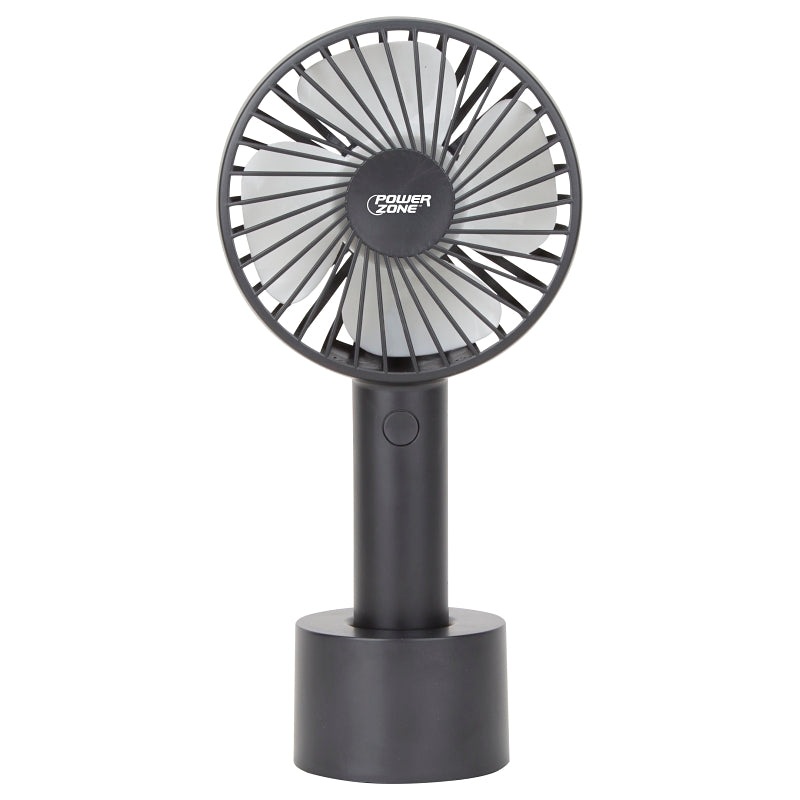 PowerZone 802B Rechargeable Handheld Fan, 5 VAC, 4 in Dia Blade, 4-Blade, 3-Speed, Black