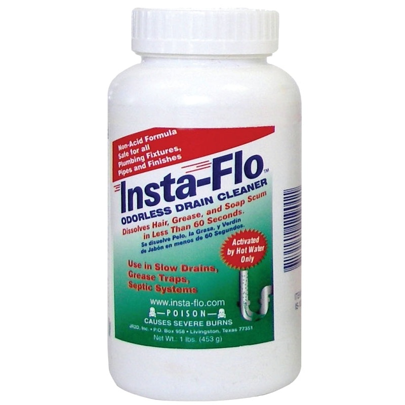 Insta-Flo IS-100 Drain Cleaner, Solid, White, Odorless, 1 lb Bottle, Pack of 12