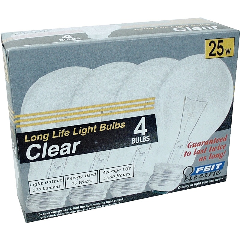 Feit Electric 25A/CL/4-130 Incandescent Bulb, 25 W, A19 Lamp, Medium E26 Lamp Base, 210 Lumens, 2700 K Color Temp, Pack of 30