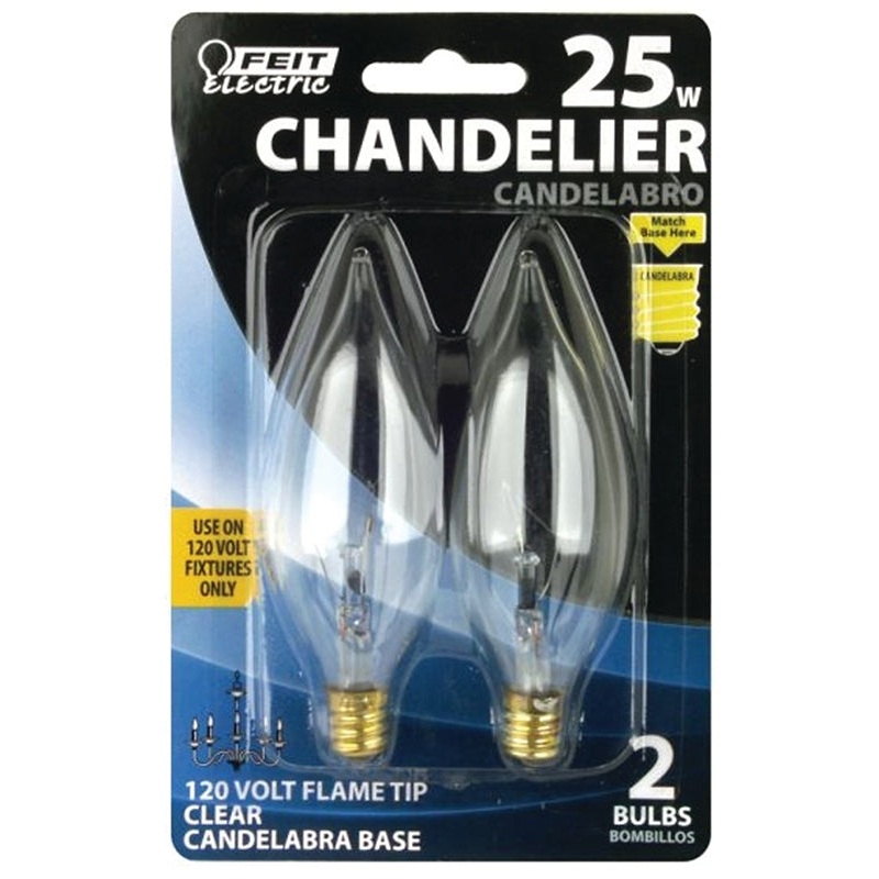 Feit Electric BP25CFC Incandescent Lamp, 25 W, Flame Tip Lamp, Candelabra E12 Lamp Base, 2700 K Color Temp, Pack of 6