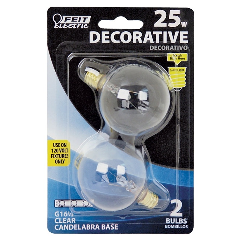 Feit Electric BP25G161/2 Incandescent Lamp, Clear Lamp, 1.5 in D x 2.37 in H Dimensions, 25 W, G16-1/2 Lamp, 170 Lumens, Pack of 6